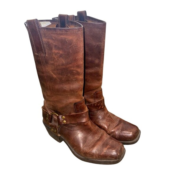 VTG Mossimo Supply Womens 9 Brown Leather Western Harness Moto Biker Boots Boho - Picture 2 of 14